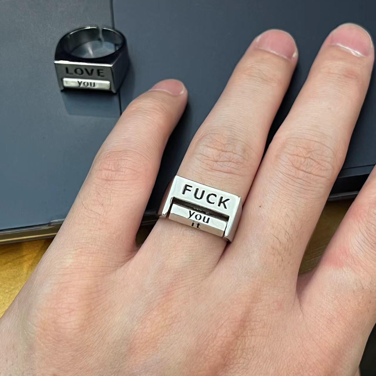 Spoof FU*K/LOVE Ring Rotatable Interactive Ring