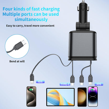 4-in-1 Car Mobile Phone Charger Dual Retractable Cable with Star Top Projection Lamp