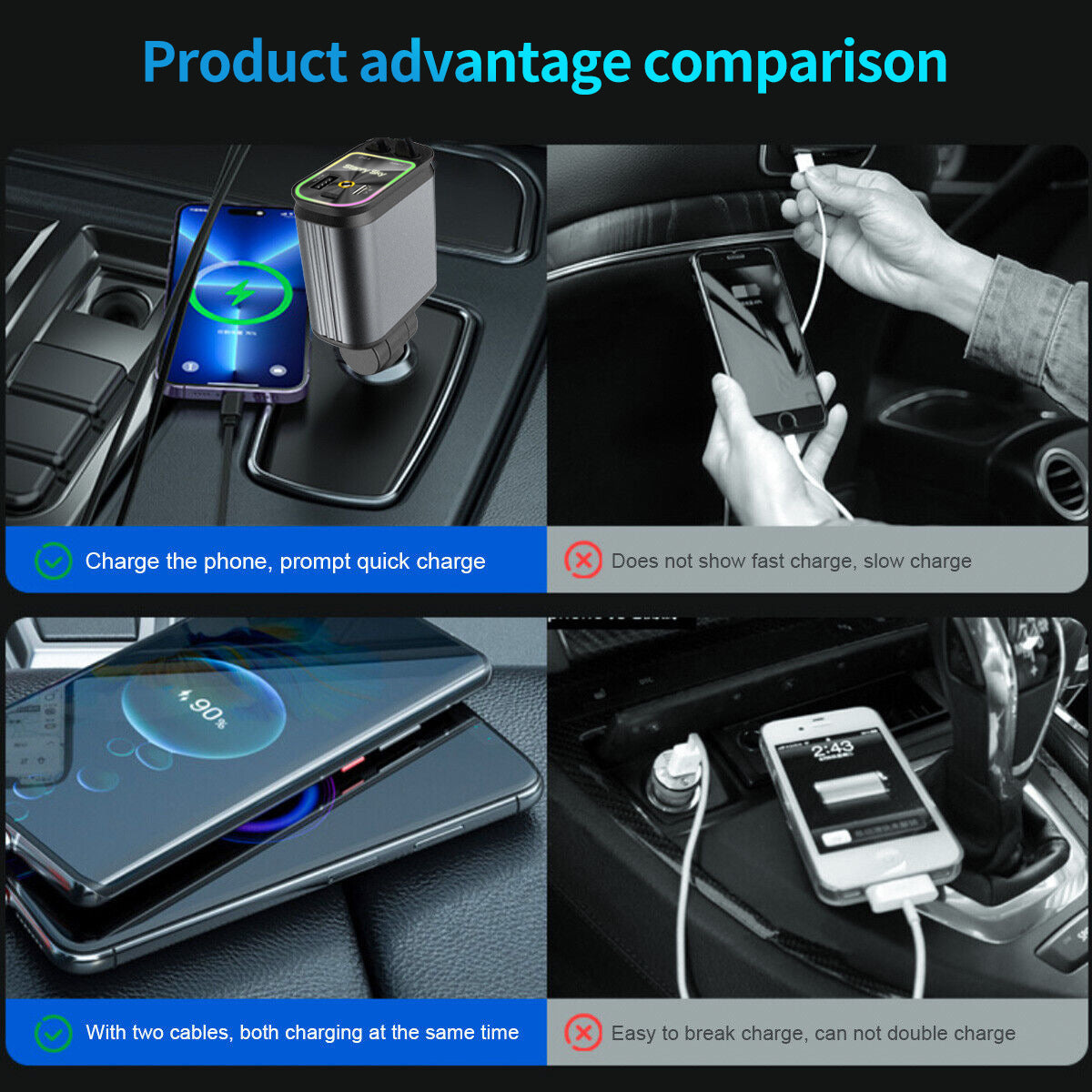 4-in-1 Car Mobile Phone Charger Dual Retractable Cable with Star Top Projection Lamp