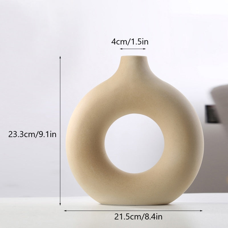 Hollow Donut Beige Ceramic Vase