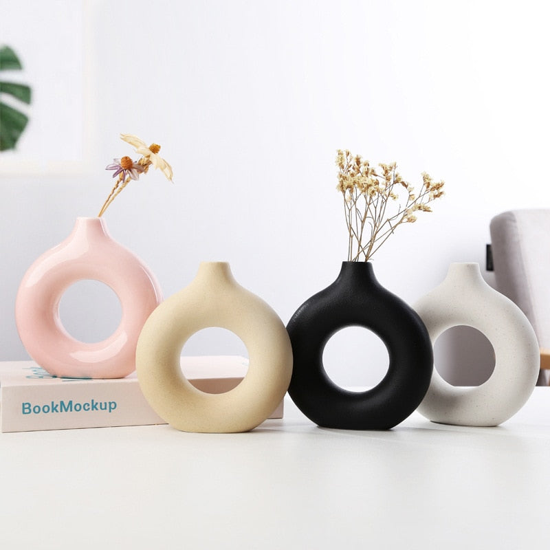 Hollow Donut Beige Ceramic Vase