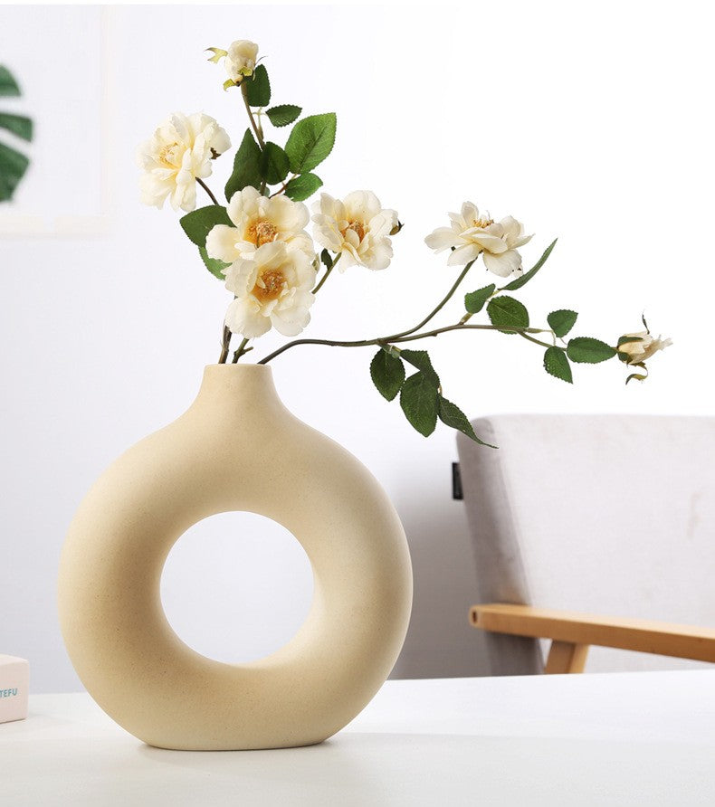 Hollow Donut Beige Ceramic Vase