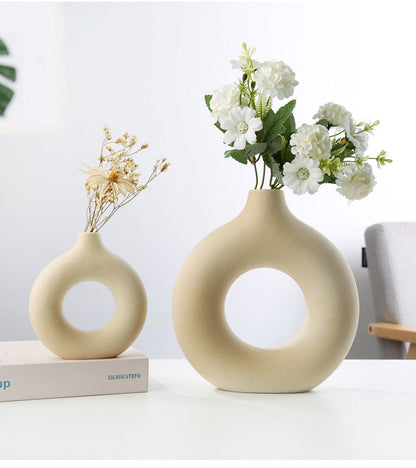 Hollow Donut Beige Ceramic Vase